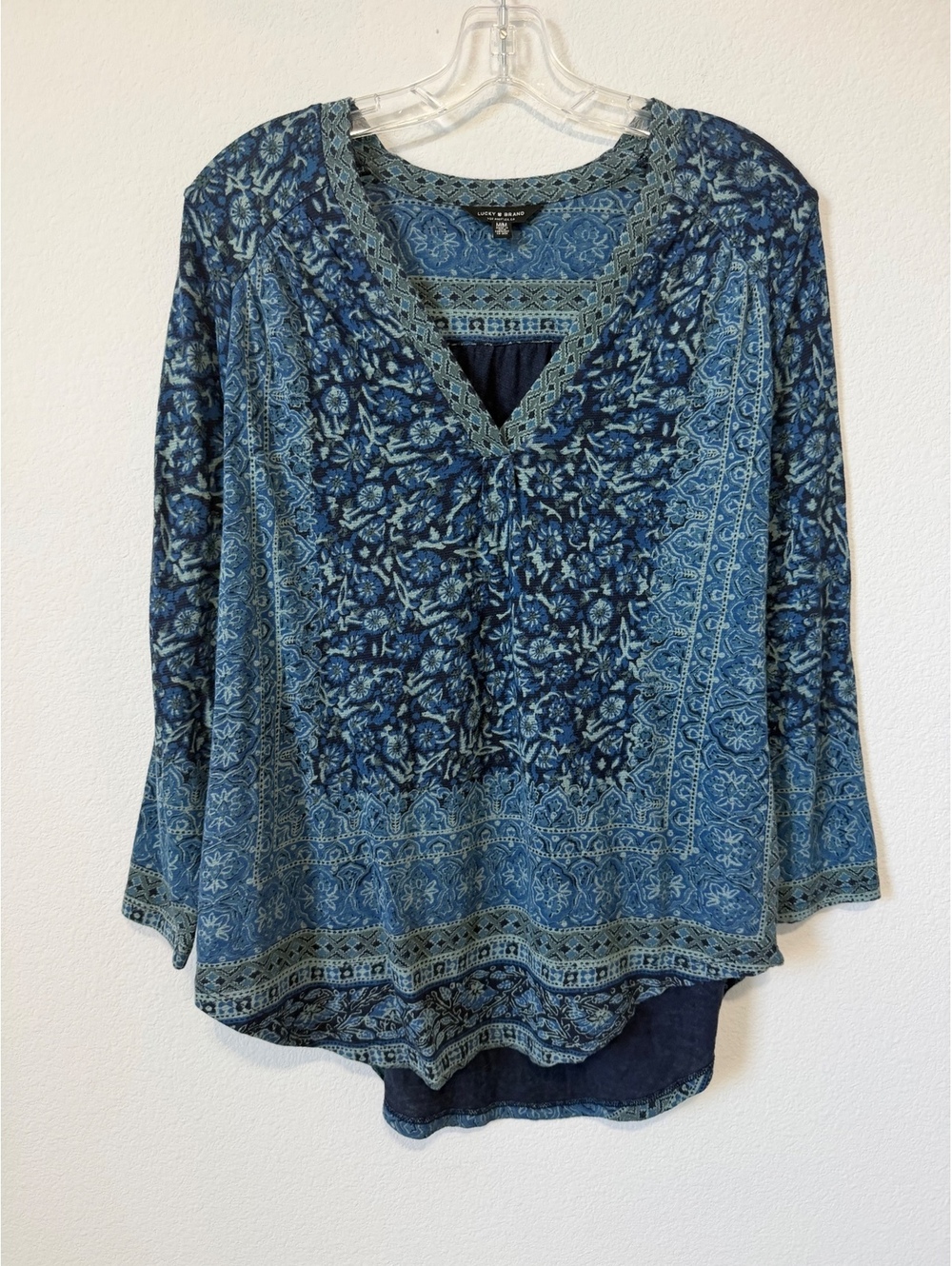Lucky Brand Blue Tone Floral V-Neck Long Sleeve Boho Blouse Women's Size M
